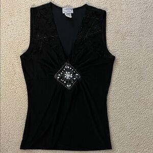 Vintage Weather Vane Black Embellished V-Neck Tank Top, Size L